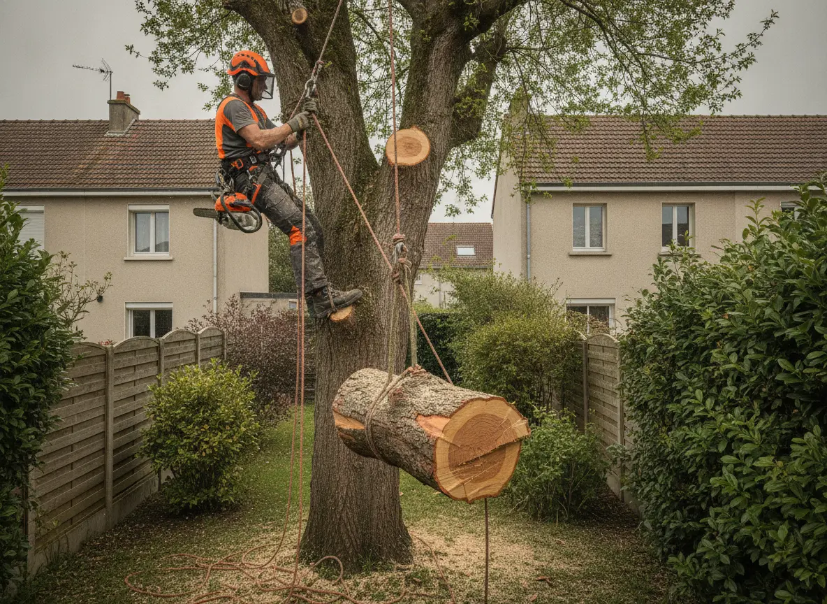 Abattage dirigé d'un arbre en secteur résidentiel contraint à Orvault (44)