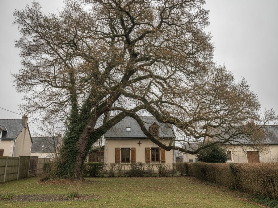 Grand chêne penché au-dessus d'une clôture mitoyenne dans un lotissement à Orvault avant abattage