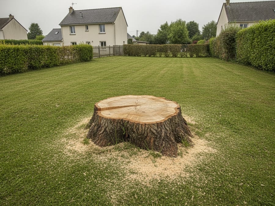 Souche de chêne volumineuse dans un jardin de Chantenay avant fraisage