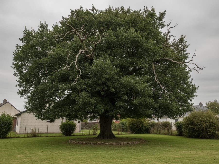 Marronnier avec branches mortes et houppier déséquilibré au-dessus d'une terrasse à Orvault avant élagage