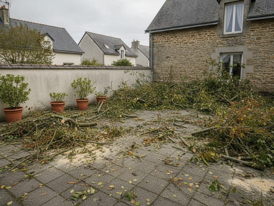 Cour encombrée de branchages et feuilles après élagage d'arbres à Saint-Herblain