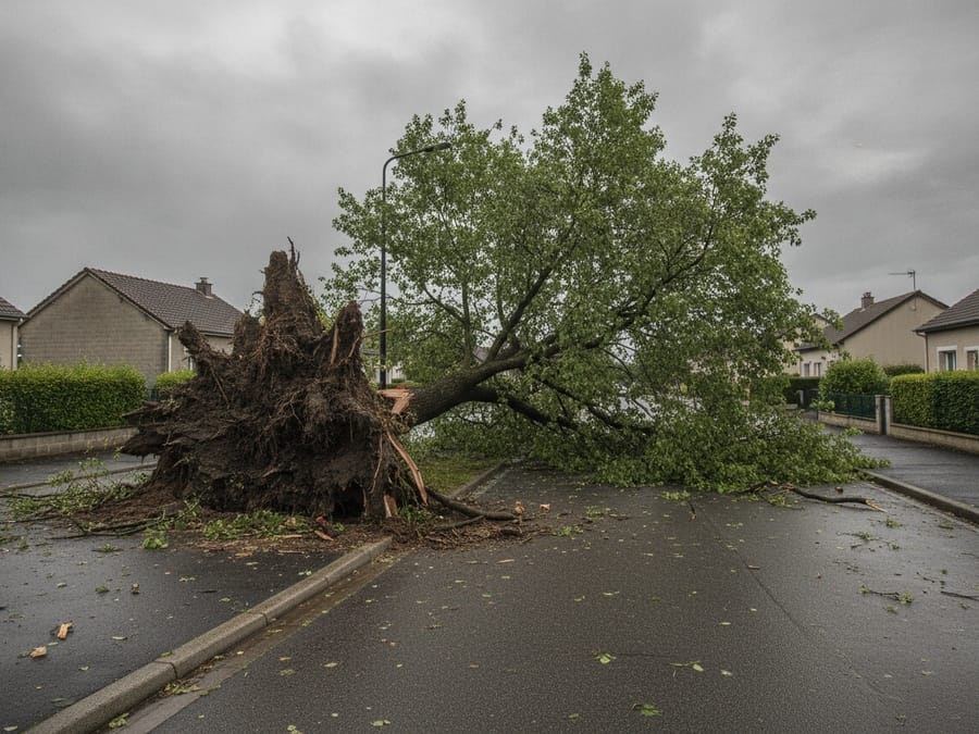 Grand chêne déraciné sur trottoir après tempête quartier Chantenay Nantes