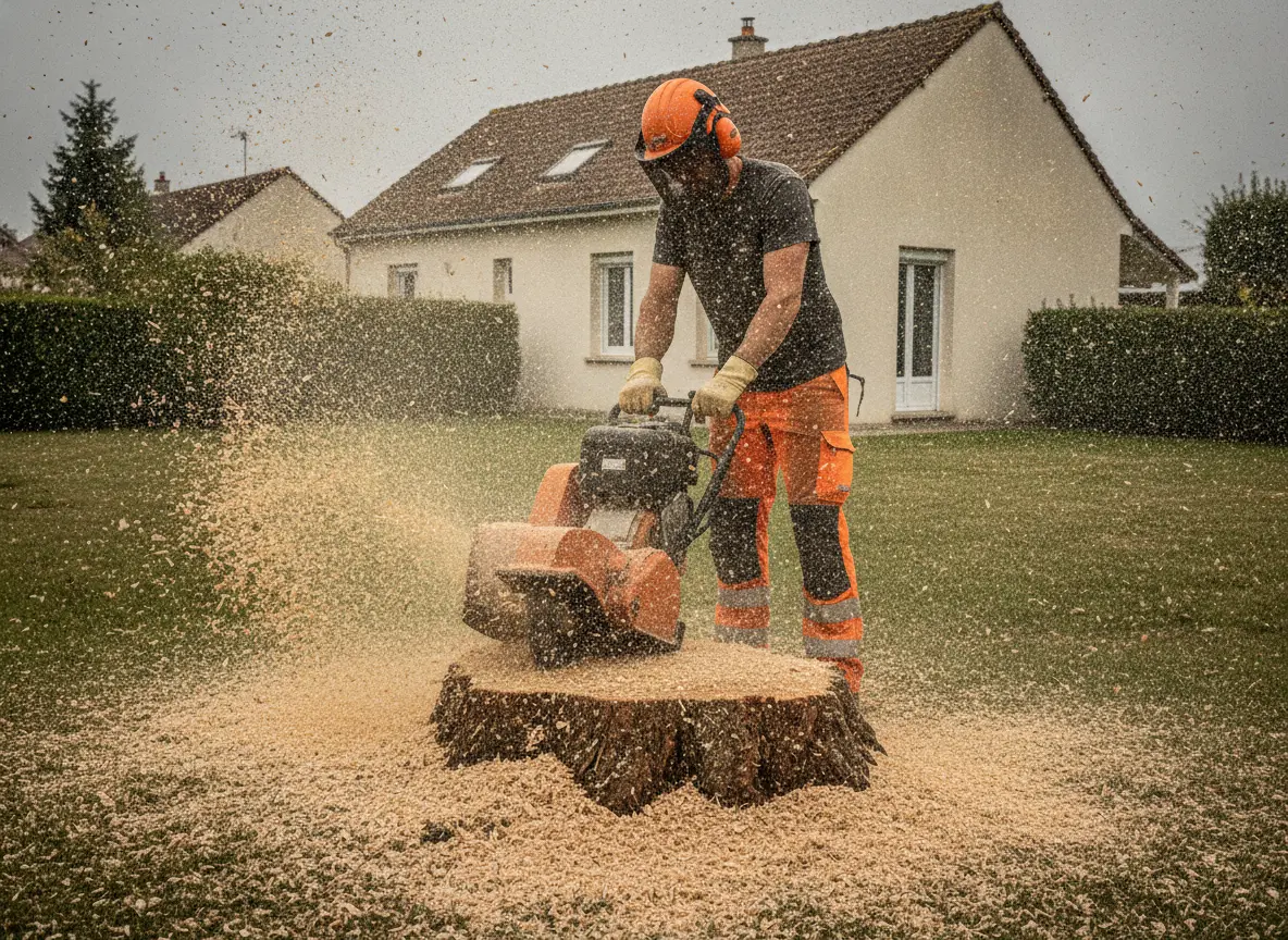 Rognage de souche dans un jardin pavillonnaire à Orvault après abattage d'arbre