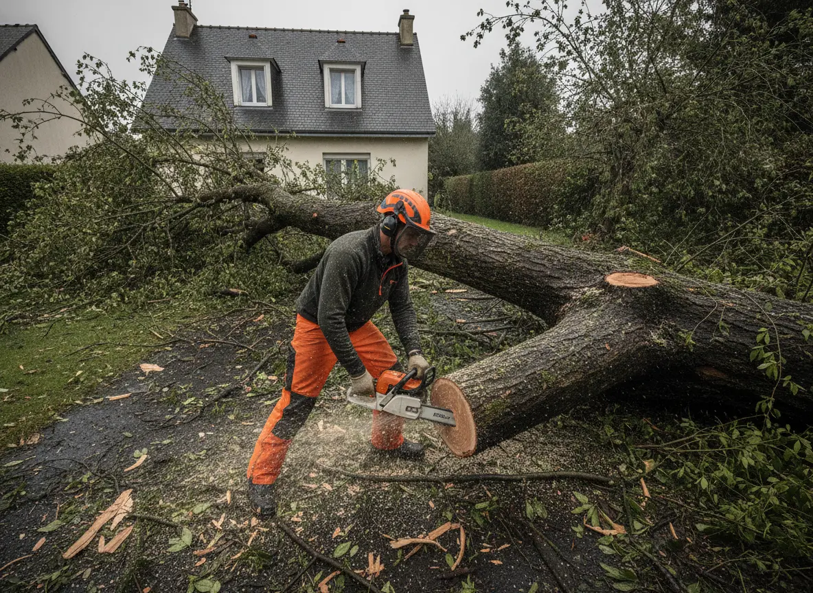 Intervention d'urgence après tempête sur un arbre menaçant une maison à Orvault