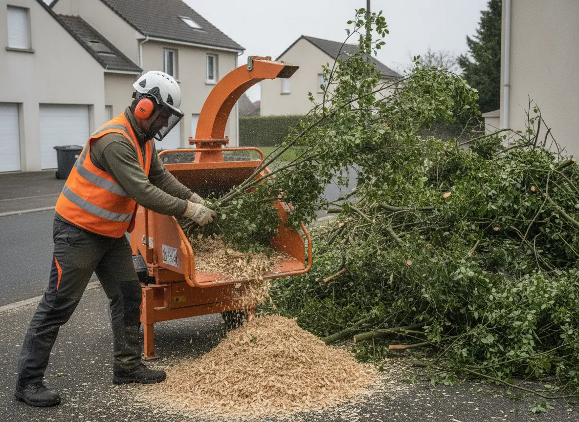Évacuation et broyage de déchets verts après élagage dans une propriété à Orvault
